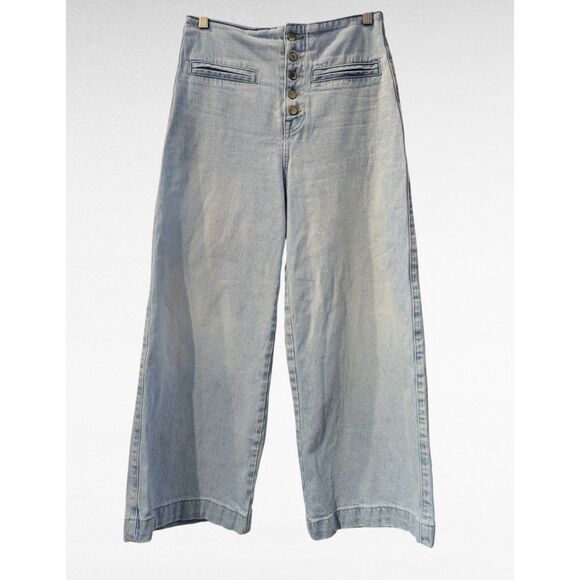 ZARA Wide-Leg High-Waist Buttoned Light Wash Denim Jeans Sz 4 - Picture 6 of 9